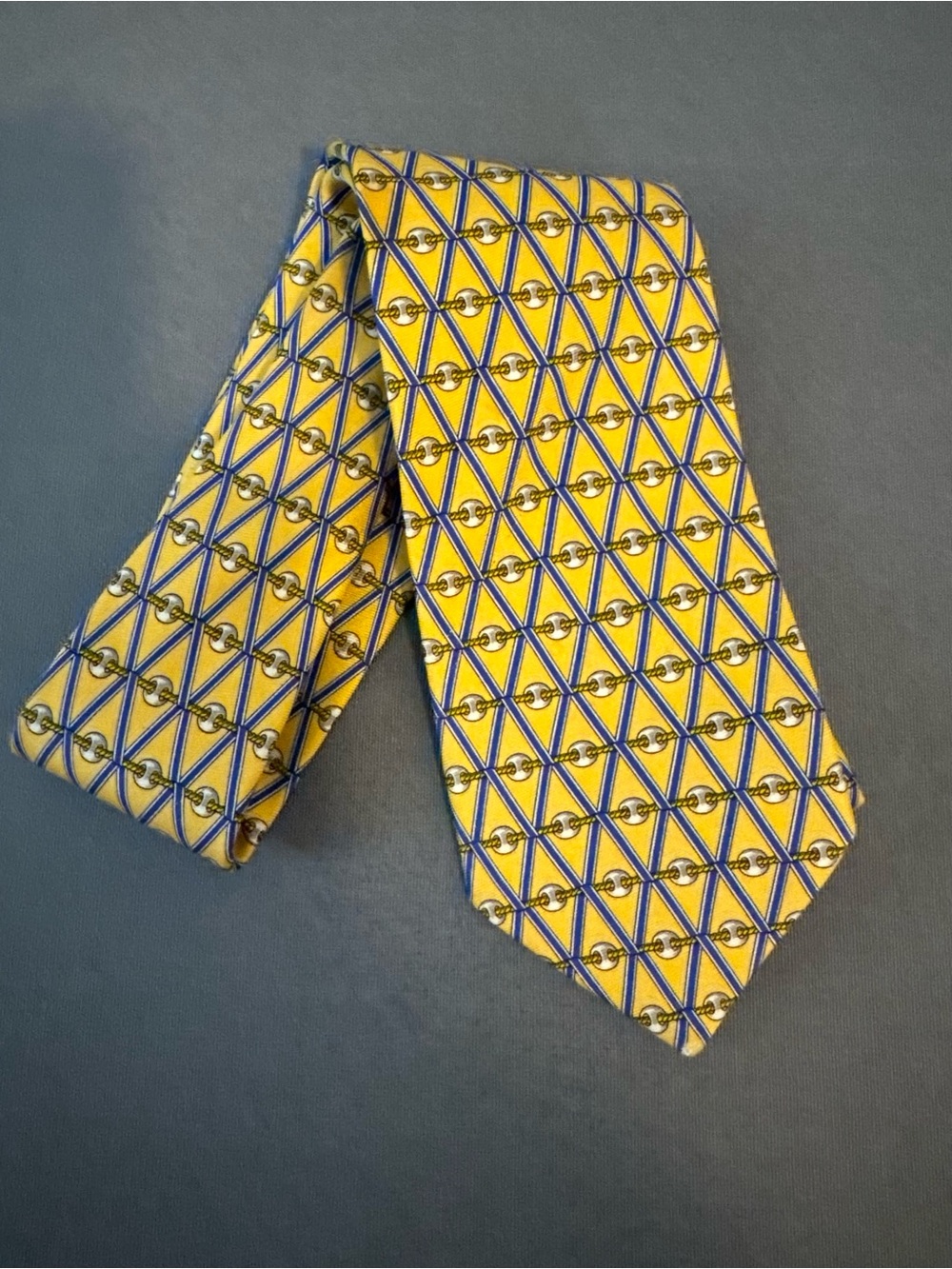 Brooks Brothers Yellow Silk Tie with Blue Lattice and Brown, Gold Accents